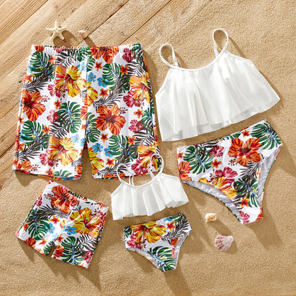 Family Matching!  Tropical Plant Strappy Two Piece Bikini Swimsuit and Swim Trunks Shorts