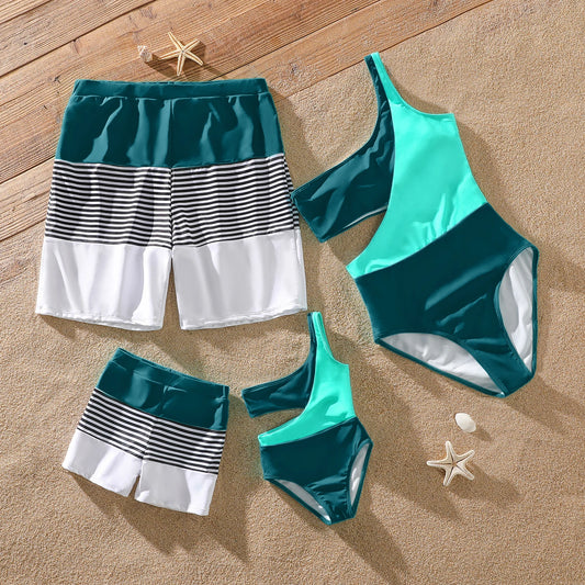 Family Matching! One Shoulder One Piece Swimwear & Trunks