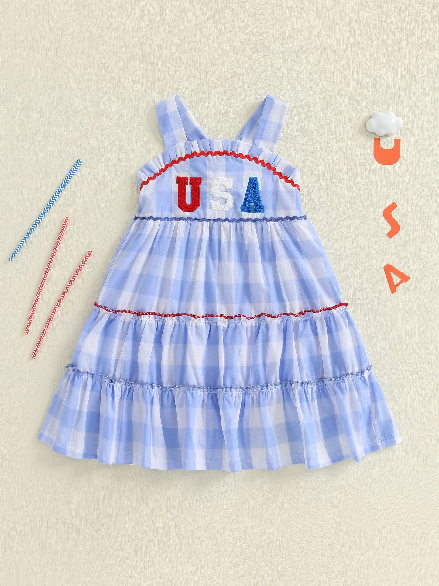 Girl's Plaid Embroidered USA 4th of July Dresses