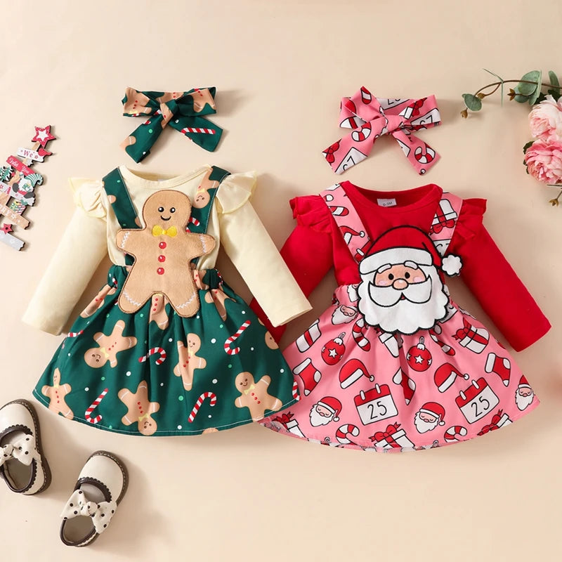 Girl's 3-Piece Christmas Romper, Bib Overall Dress & Bow Headband Sets