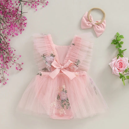 2-Piece Outfits! Girl's Sleeveless Embroidered Floral Tulle Overall Dress & Headband Sets