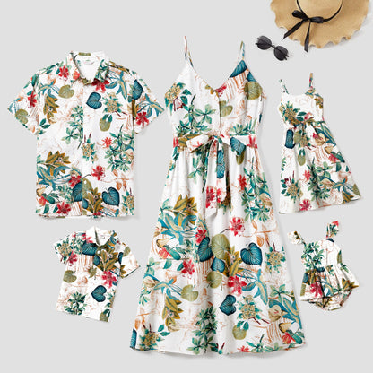 Family Matching! Beach Shirt & Floral Button-Front Strap Dress Sets