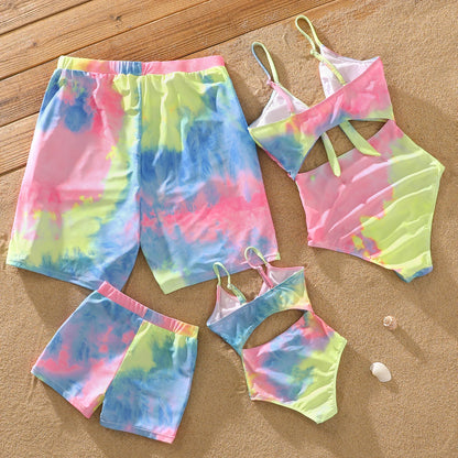 Family Matching! Swimsuits Tie Dye V Neck Self-tie Hollow Out Spaghetti Strap One-Piece Swimsuit & Swim Trunks Shorts