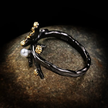 Silver Plated Delicate Daisy Flower Rings Black & Gold Style Pearl Branch Rings Flower