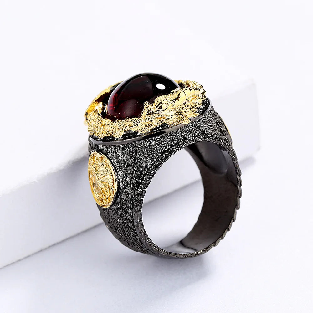 Men's Red Zircon Black & Gold Style Dragon Rings