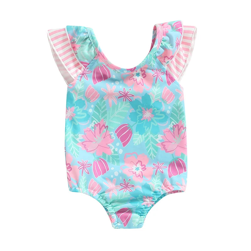 Baby Girl Swimsuits Ruffle Floral Print Flying Sleeves Jumpsuit Swimwear Beachwear Bathing Suits