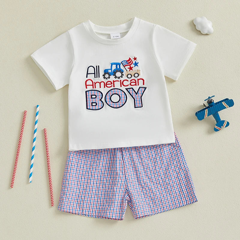 Boy's 2-Piece Embroidered 4th of July T-Shirts & Plaid Shorts Sets