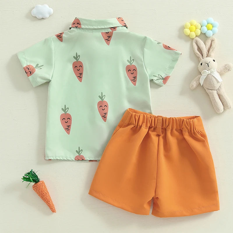 Boy's 2-Piece Easter Bunny/Egg/Carrot Bow-Tie Button Up Polos & Shorts Sets