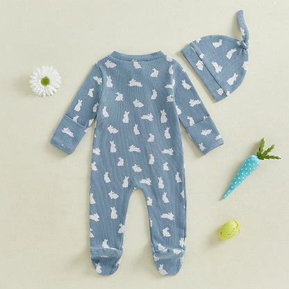 Boy's 2-Piece Long Sleeve Bunny Zip Jumpsuit & Hat Sets