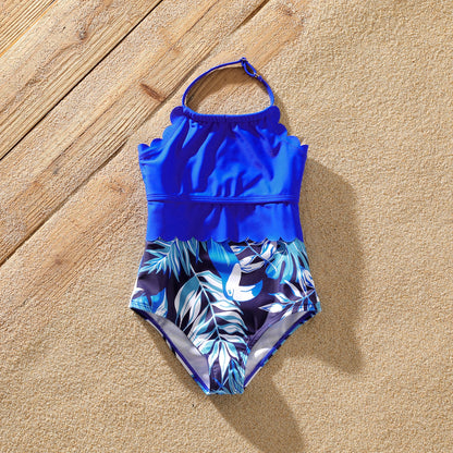 Family Matching! Blue Palm Leaf One Piece Swimsuits & Trunks