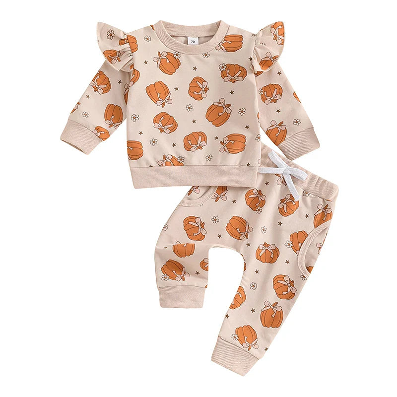 2-piece Sets! Girl's Ruffled Halloween Pumpkin Fall Sweatshirt & Sweatpants