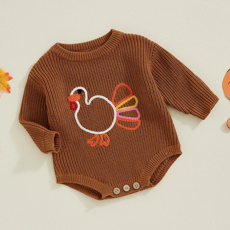 Girl's & Boy's Embroidered Thanksgiving Turkey Sweater Onesies