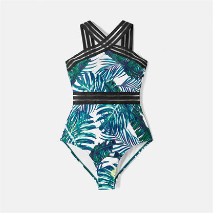 Family Matching! Swimwear Allover Palm Leaf Print Crisscross One-piece Swimsuit & Swim Trunks Swimsuit