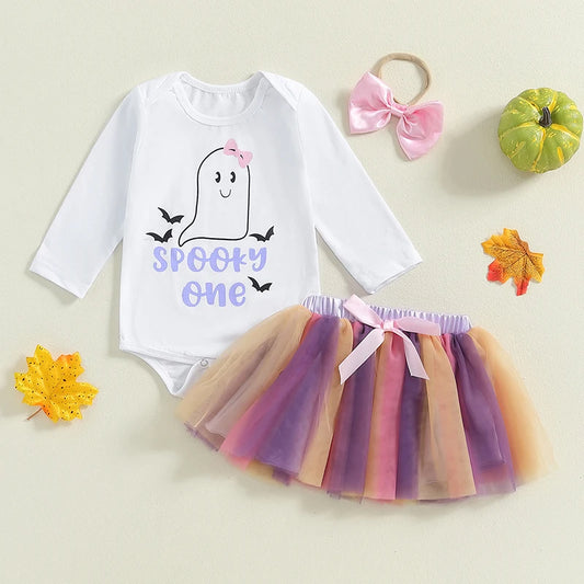 2-Piece Halloween Outfits! Girl’s Long Sleeve Ghost Onesie, Tutu Skirt & Headband Sets