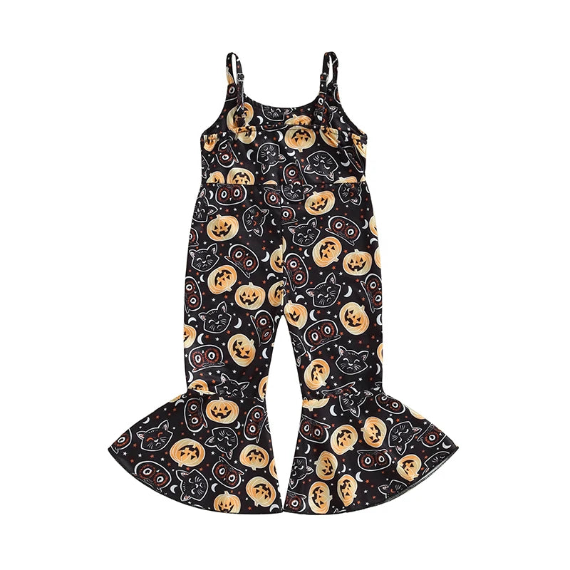 Halloween Rompers! Girl's Sleeveless Bib Romper, Pumpkin, Cats, Cauldron Print