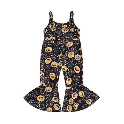 Halloween Rompers! Girl's Sleeveless Bib Romper, Pumpkin, Cats, Cauldron Print