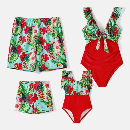 Family Matching! Flower Tropical One Piece Swimsuits & Trunks