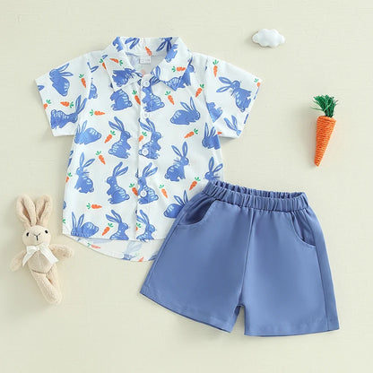 Boy's Button-Up Easter Bunny Carrot Shirt & Shorts