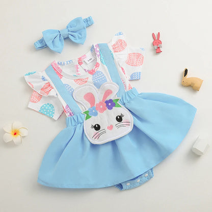 Girl's Easter Bunny, Easter Egg Ruffled Romper Dresses & Headband Sets