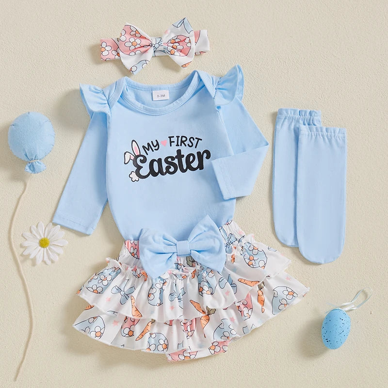 Girl's 4-Piece First Easter, Bunny Onesies, Bow Headband, Skirt & Socks Sets