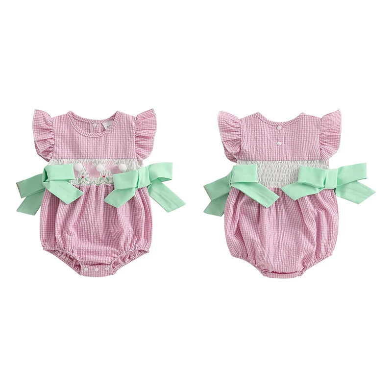 Girl's Fuzzy Bunny Tail Embroidered Solid & Plaid Easter Bow Rompers