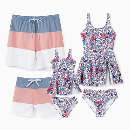 Family Matching! Swimsuit Color Block Drawstring Swim Trunks or Ditsy Floral Bow Side Tankini