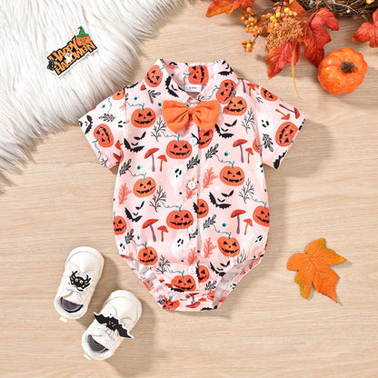 Ghost Pumpkin Halloween Onesies! Boy's Short Sleeve Button-Up with Bow-Tie Collar