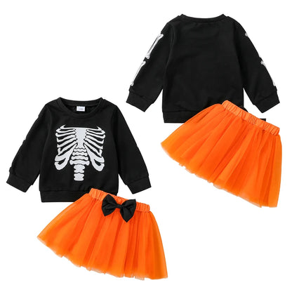 2-Piece Halloween Outfits! Girl’s Long Sleeve Skeleton Sweatshirt Romper & Skirt Sets