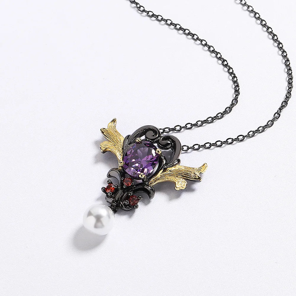 Black & Gold Style Two-Necklace with Purple Zircon Pearl Pendant Love Necklace Chain