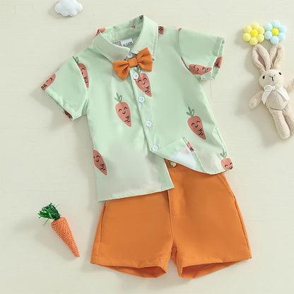 Boy's 2-Piece Easter Bunny/Egg/Carrot Bow-Tie Button Up Polos & Shorts Sets