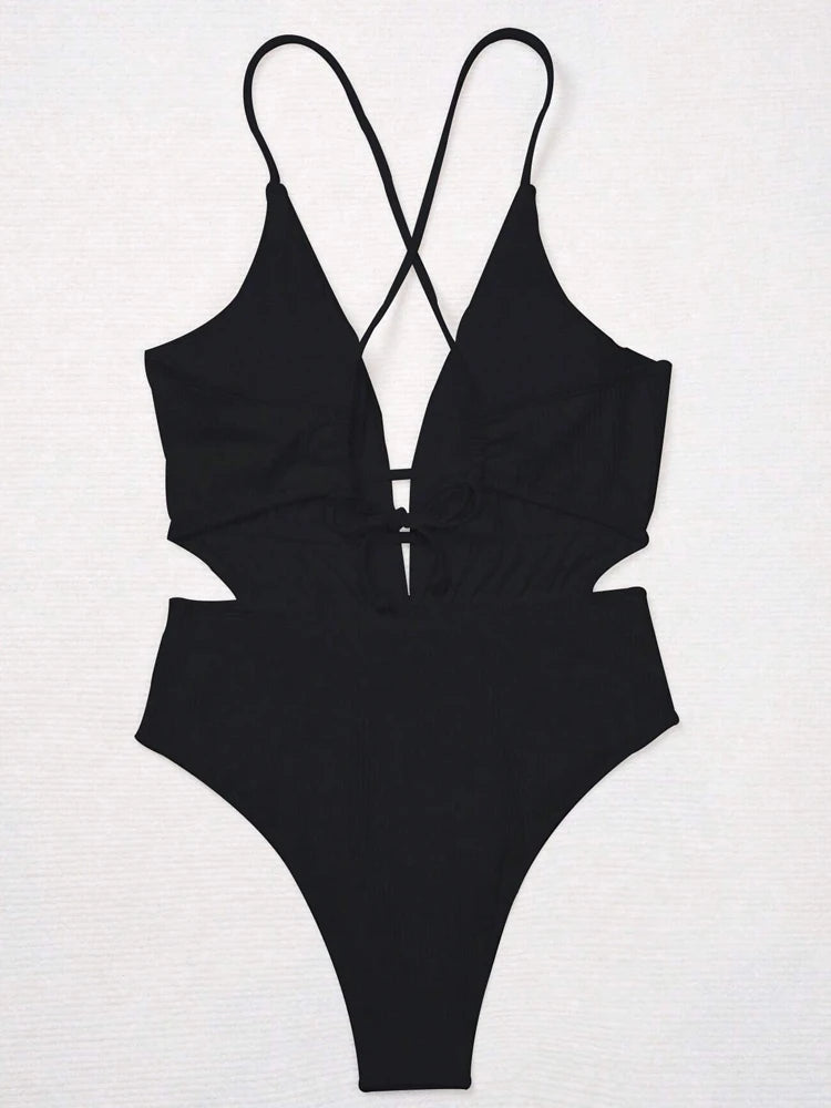 Black Strapped SwimwearPush UP Hollow One Piece Swimsuit Monokini Cross Backless Beach Bathing Suit