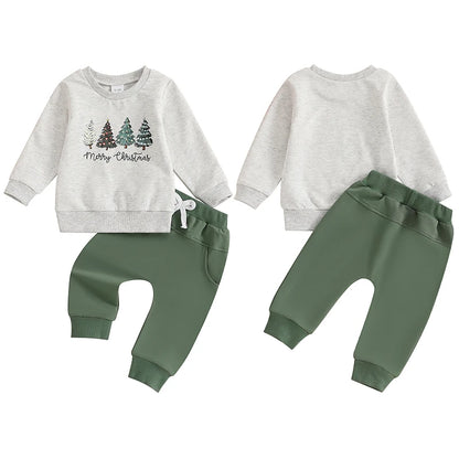 Boy's 2-Piece Christmas "Merry Christmas" Trees Sweatshirt & Pants Sets