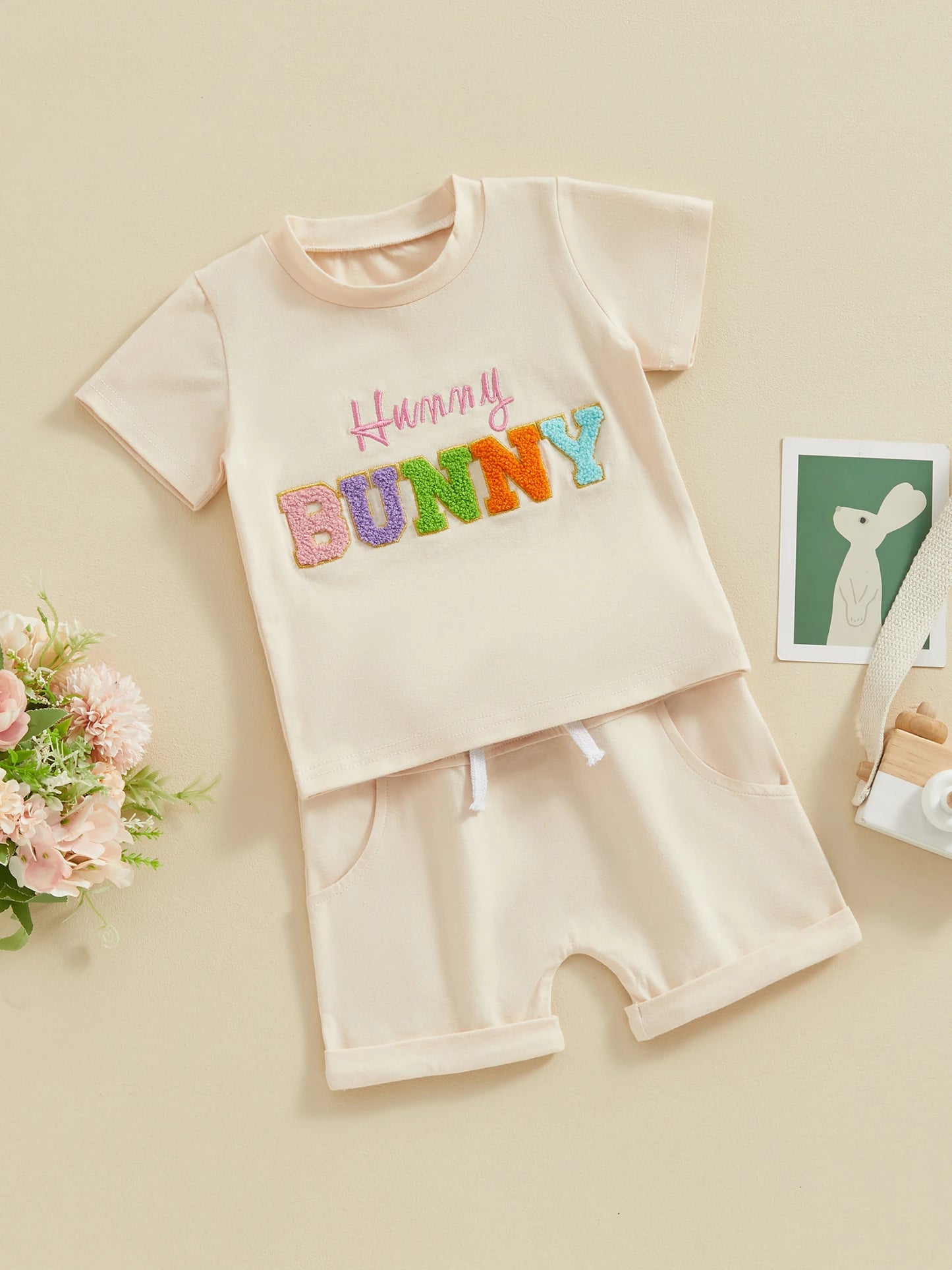 Boy's & Girl's Easter Bunny Embroidered T-Shirt & Shorts Set