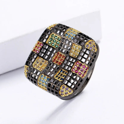 Black & Gold Style Geometric Square Rings with Zircon Rings