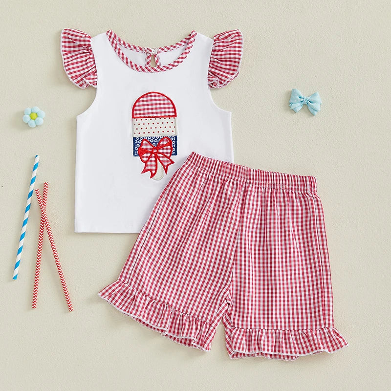 Girl's 2-Piece Embroidered 4th of July Fly Sleeve Popsicle Top & Plaid Shorts Sets