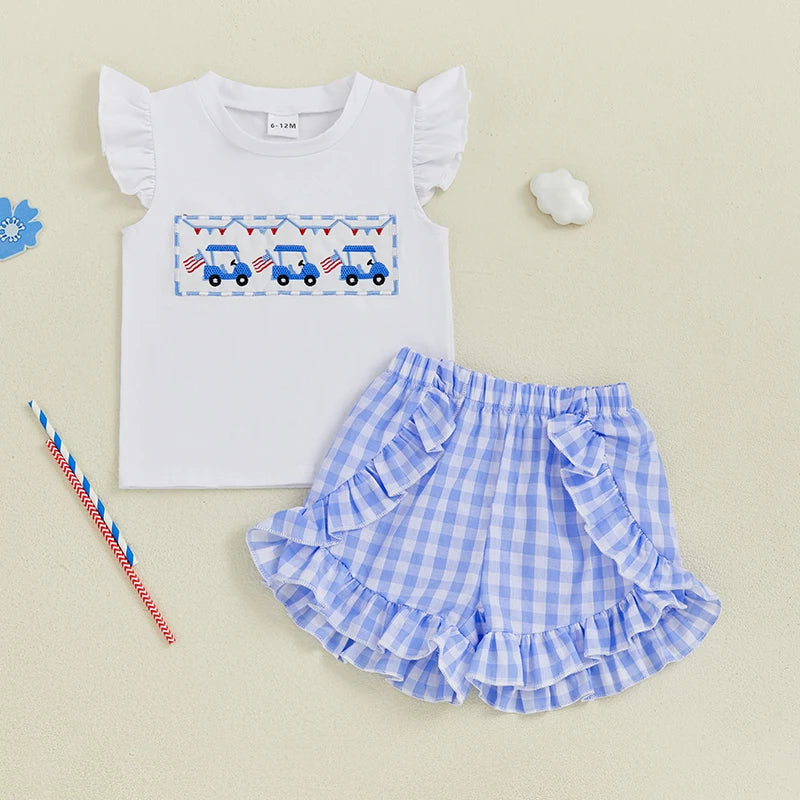 Girl's 2-Piece Embroidered 4th of July Fly Sleeve Golf Cart Top & Ruffled Plaid Shorts Sets