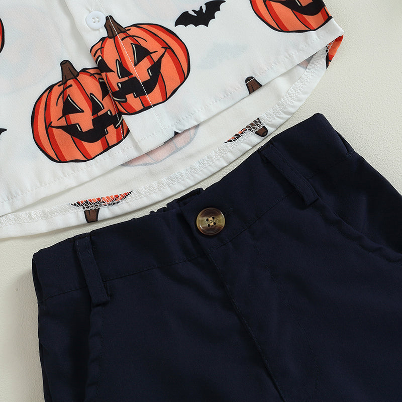 2-Piece Halloween Outfits! Boy’s Short Sleeve Pumpkin Sweatshirt & Shorts Sets