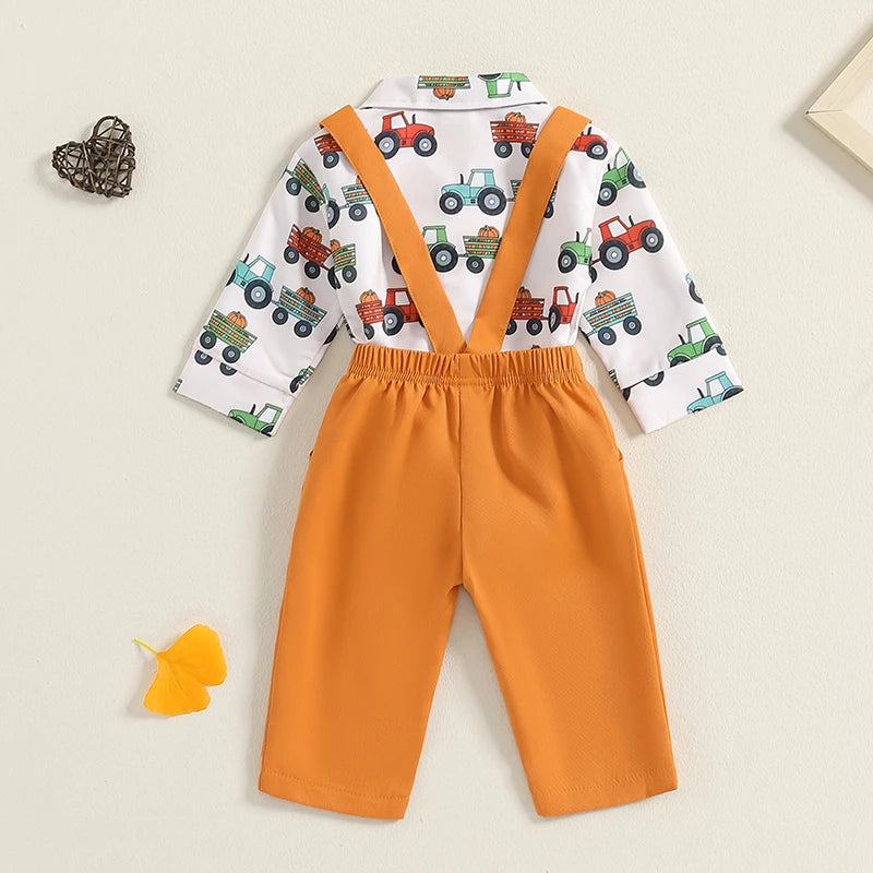 2-Piece Halloween Outfits! Boy’s Long Sleeve Pumpkin Rompers, Suspender Pants & Bow-Tie Sets