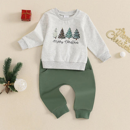 Boy's 2-Piece Christmas "Merry Christmas" Trees Sweatshirt & Pants Sets