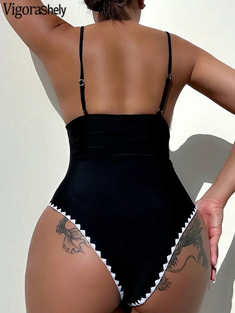 Solid Strapped SwimwearPush UP One Piece Swimsuit Monokini High Cut Backless Beach Bathing Suit