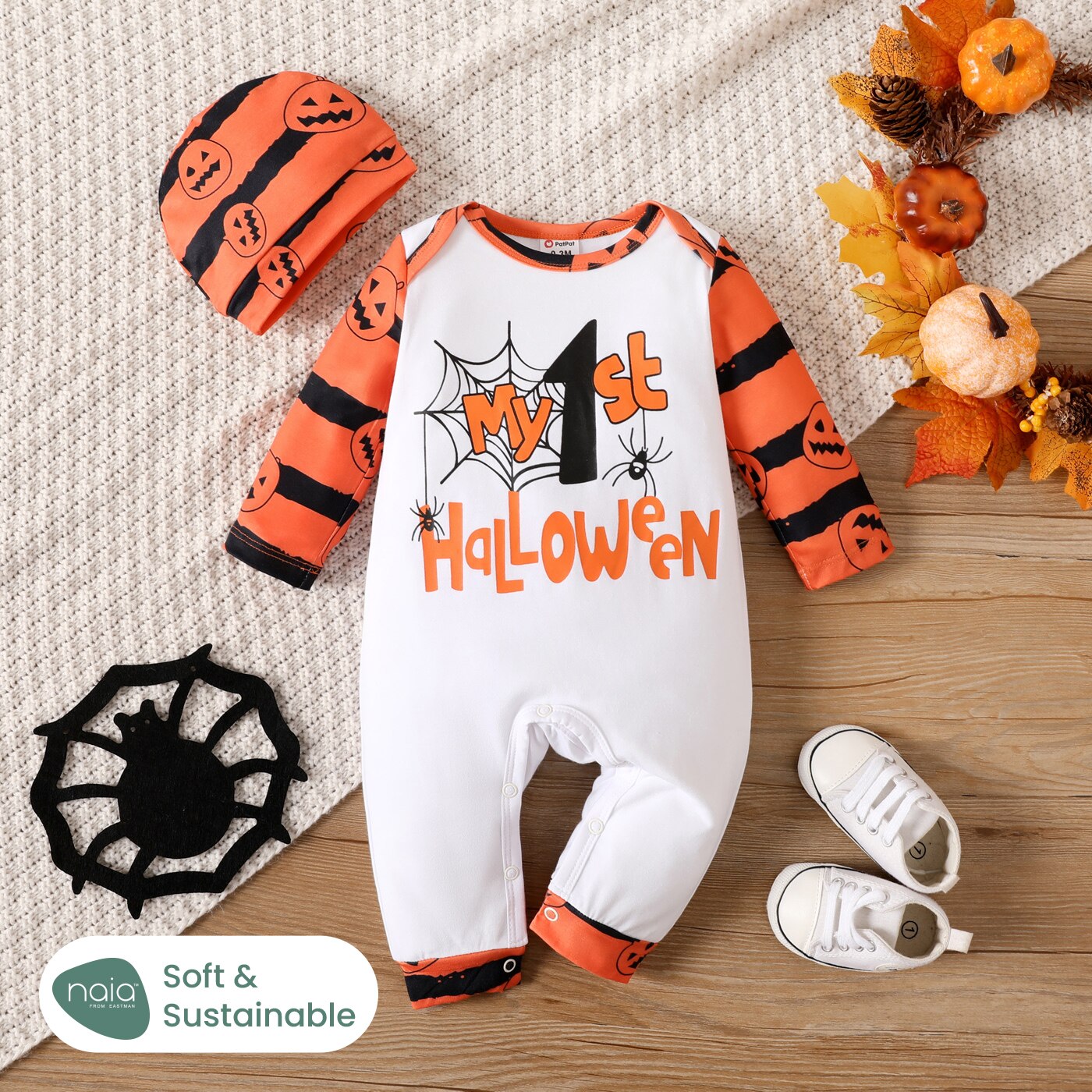 Halloween Baby Naia Letter Pumpkin Pattern Long Sleeve Jumpsuit Set