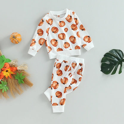 2-Piece Halloween Outfits! Girl’s & Boy’s Long Sleeve Pumpkin Sweatshirt & Pants Sets