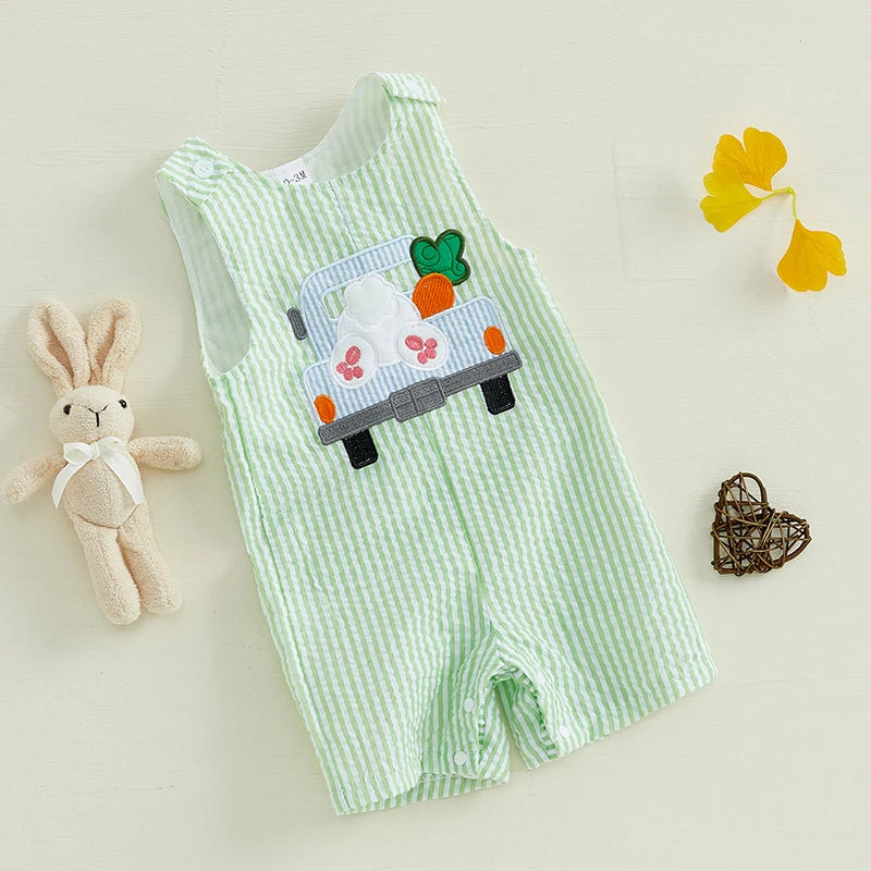 Girl's & Boy's Striped Embroidered Easter Bunny, Truck, Carrot Overall Jumpsuits