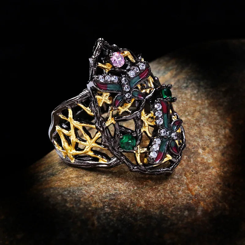 Gothic Butterfly Black & Gold Emerald Zircon Rings