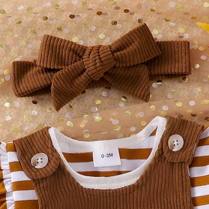 3-Piece Thanksgiving Outfits! Girl’s Embroidered Turkey Onesies, Overall Dress & Bow Headband Sets