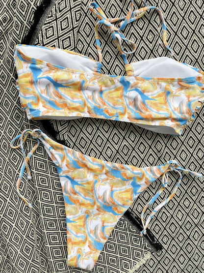 Print Halter Bikini Set Tied High Cut SwimsuitHollow Push UP Swimwear Beach Backless Bathing Suit