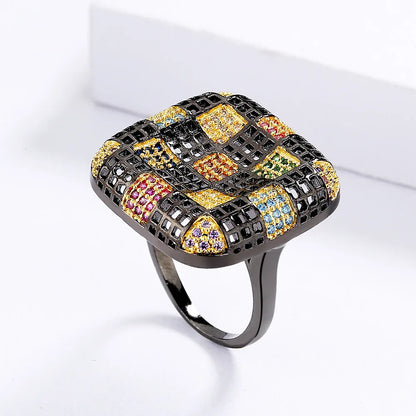 Black & Gold Style Geometric Square Rings with Zircon Rings