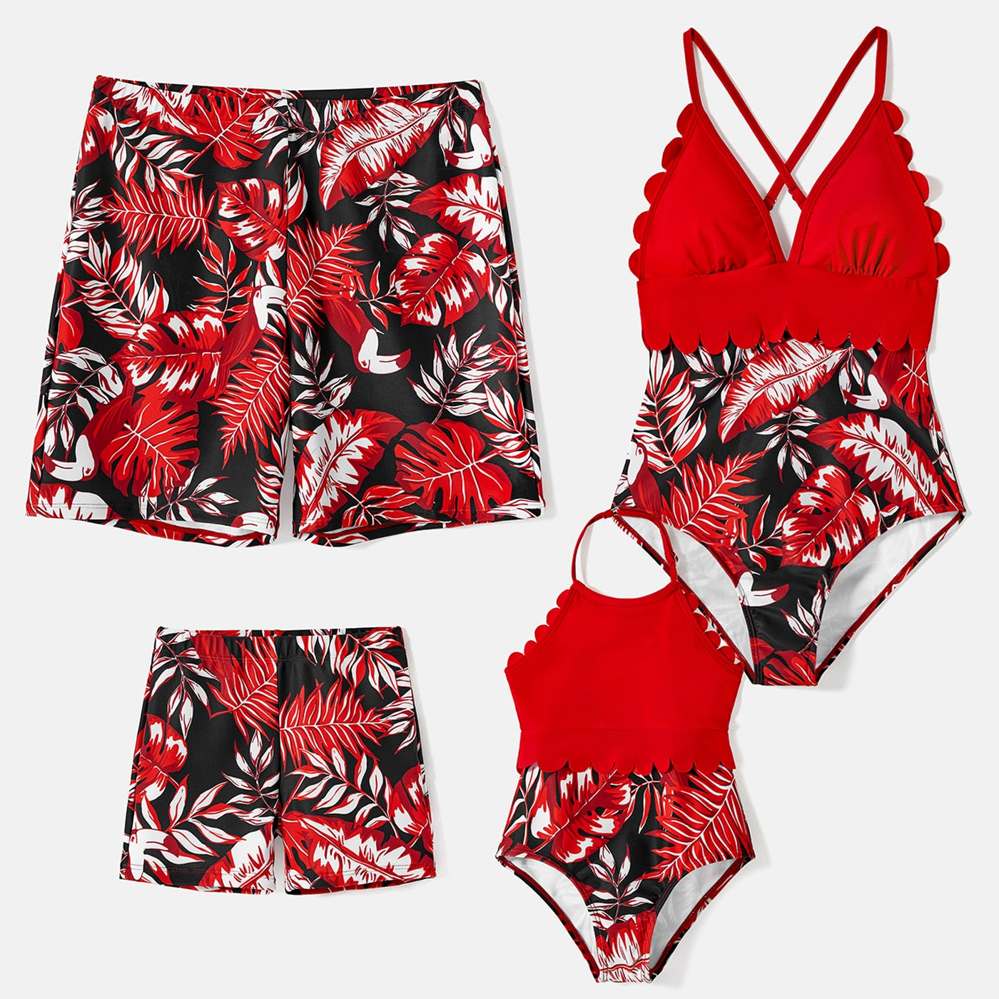 Family Matching! Plant Swim Trunks and Scallop Trim One Piece Swimsuit