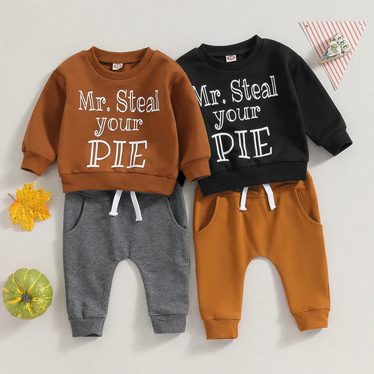 2-Piece Thanksgiving Outfits! Boy's "Mr. Steal Your Pie" Fall Sweatshirt & Pants Sets