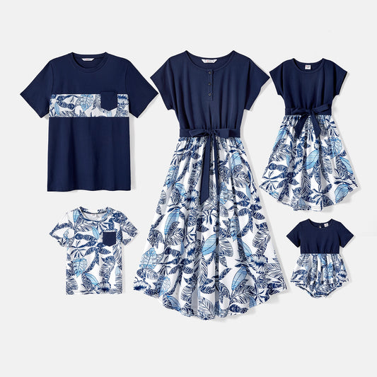 Family Matching! Tropical Short-Sleeve Belted Dresses, Rompers, and T-shirts